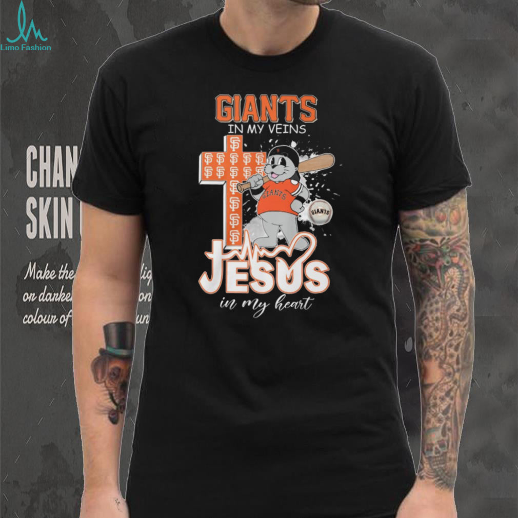 San Francisco Giants Baseball Shirt Lou Seal Mascot Jesus in my Heart Giants in my Veins T Shirt