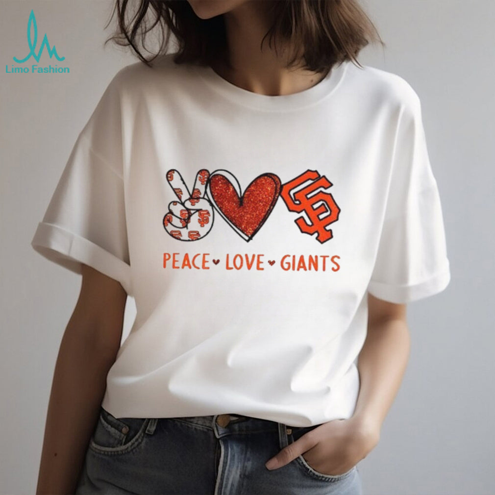 San Francisco Giants Peace Love Giants Red Glitter Baseball T shirt