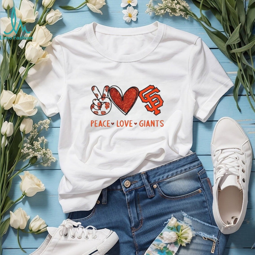 San Francisco Giants Peace Love Giants Red Glitter Baseball T shirt
