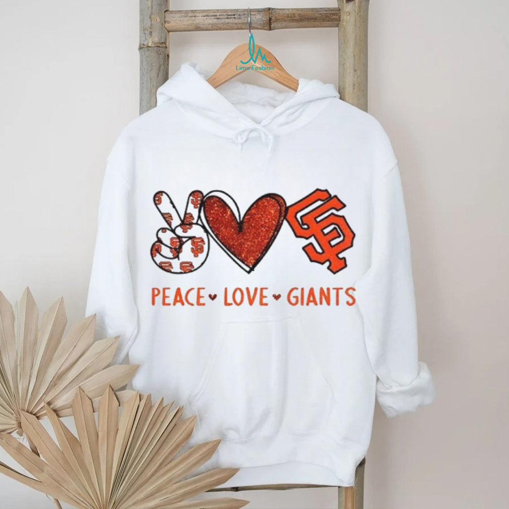 San Francisco Giants Peace Love Giants Red Glitter Baseball T shirt