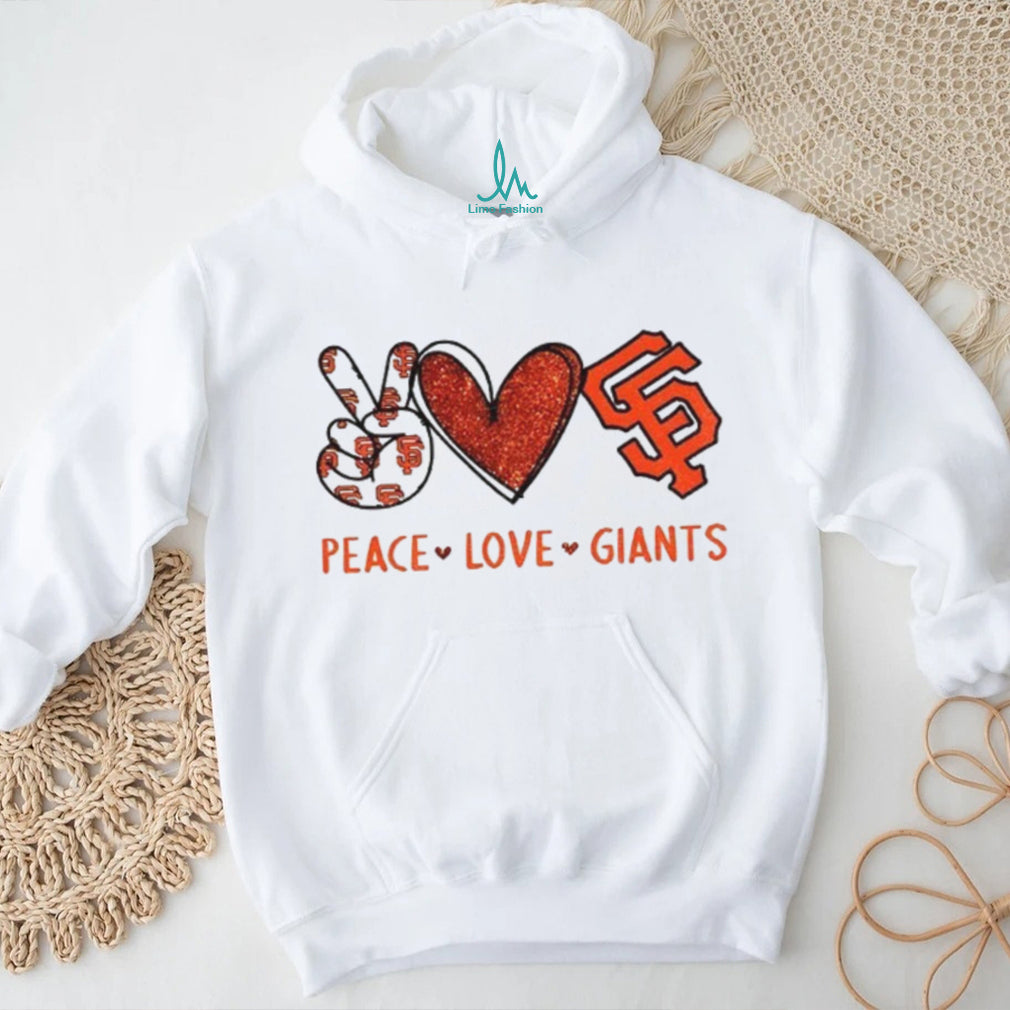 San Francisco Giants Peace Love Giants Red Glitter Baseball T shirt