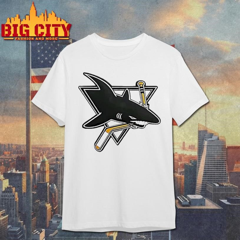 San Jose Sharks Logo Biting Hockey Stick Triangle Graphic Sports Shirt