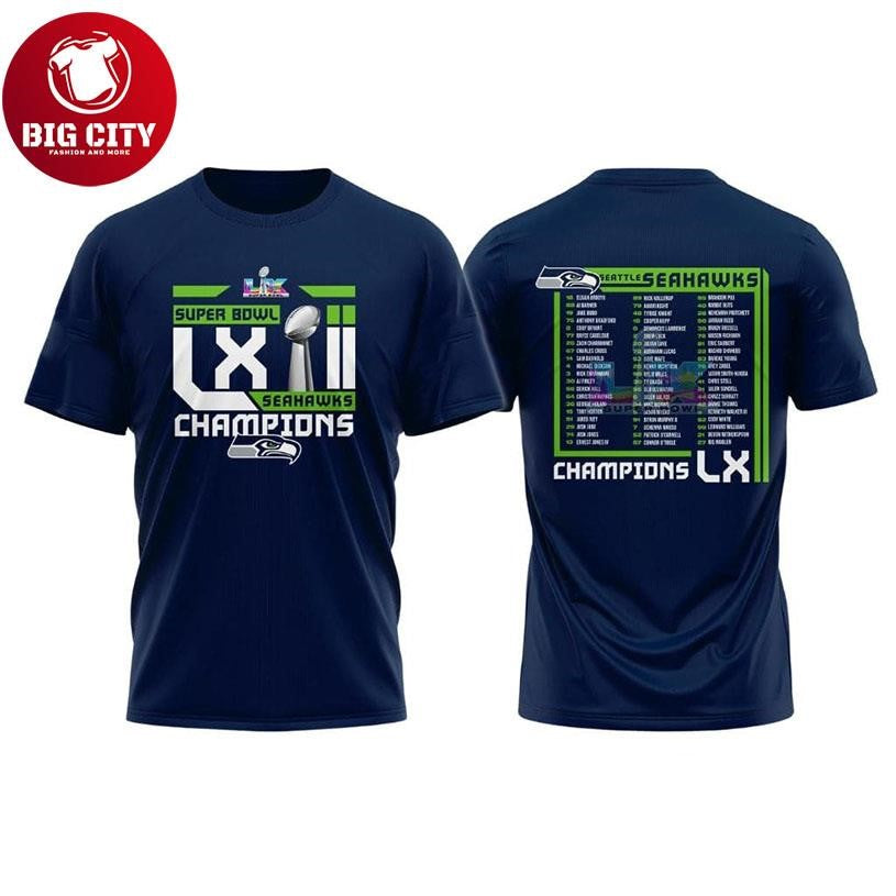 Seahawks S Bowl LX Champions Roster Two Sided Shirt