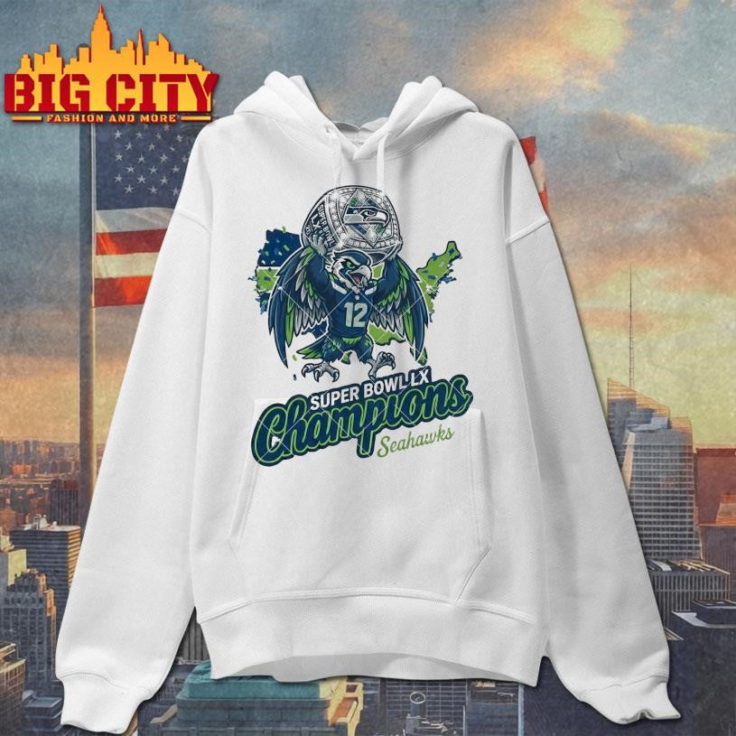 Seattle Football 2026 Champion Hawk Mascot with Victory Ring Shirt