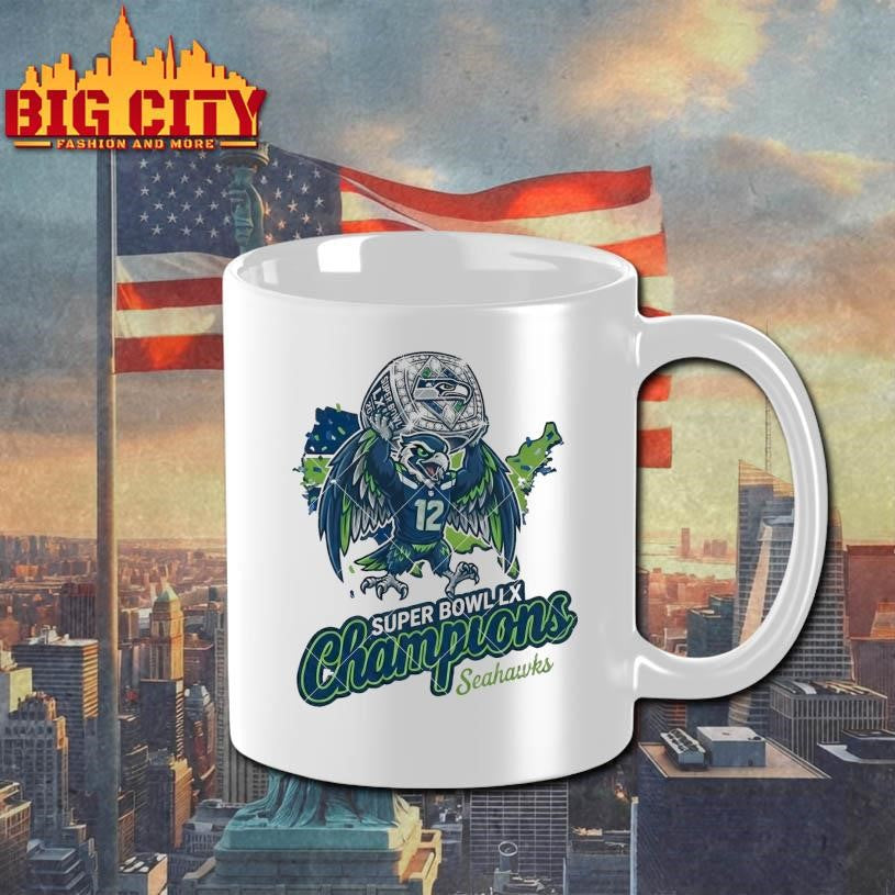 Seattle Football 2026 Champion Hawk Mascot with Victory Ring Shirt