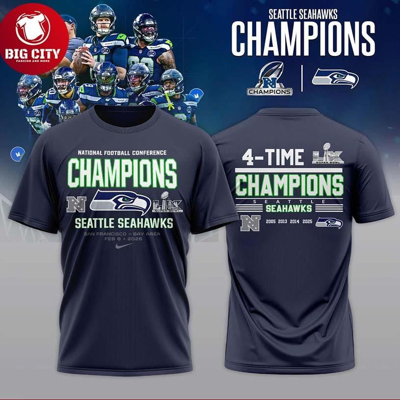 Seattle Seahawk NFC Champions 4-Time Champs 2025 Two Sided Shirt
