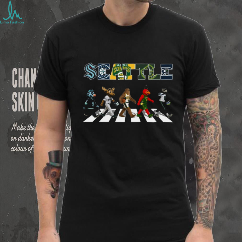 Seattle Sports Teams Mascots Abbey Road Crossing Black T Shirt