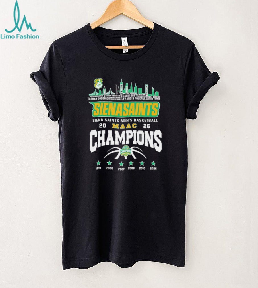 Siena Saints Men’s Basketball 2026 MAAC Champions Skyline Black T Shirt
