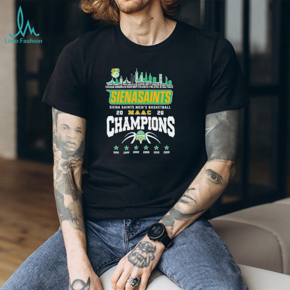 Siena Saints Men’s Basketball 2026 MAAC Champions Skyline Black T Shirt