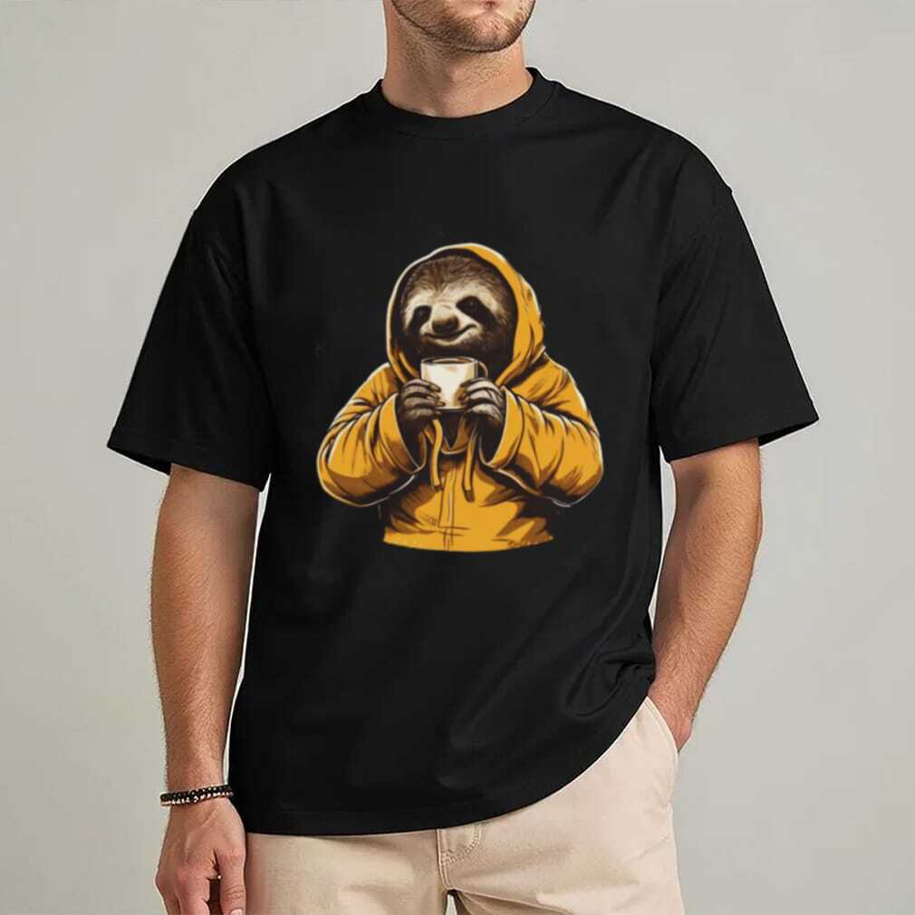 Sloth in Yellow Hoodie Drinking Coffee Slow Morning T Shirt