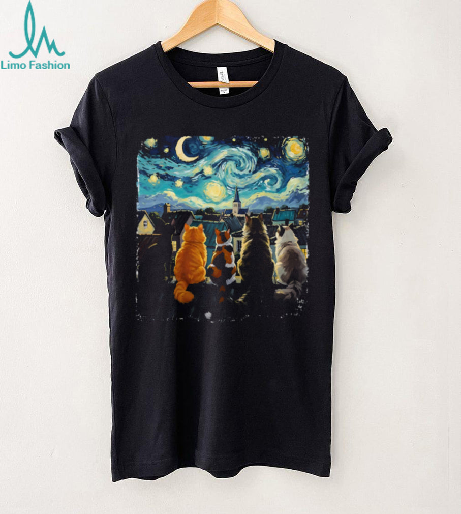 Starry Night Cats On A Roof Van Gogh Art Parody Feline T Shirt