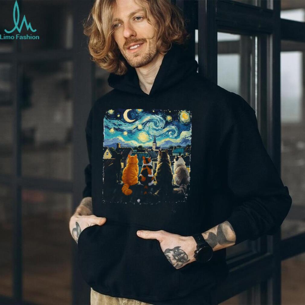 Starry Night Cats On A Roof Van Gogh Art Parody Feline T Shirt