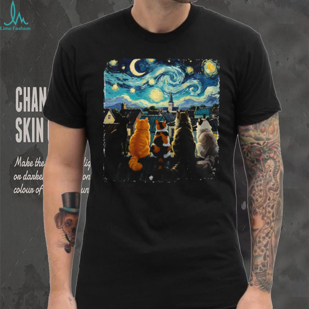 Starry Night Cats On A Roof Van Gogh Art Parody Feline T Shirt