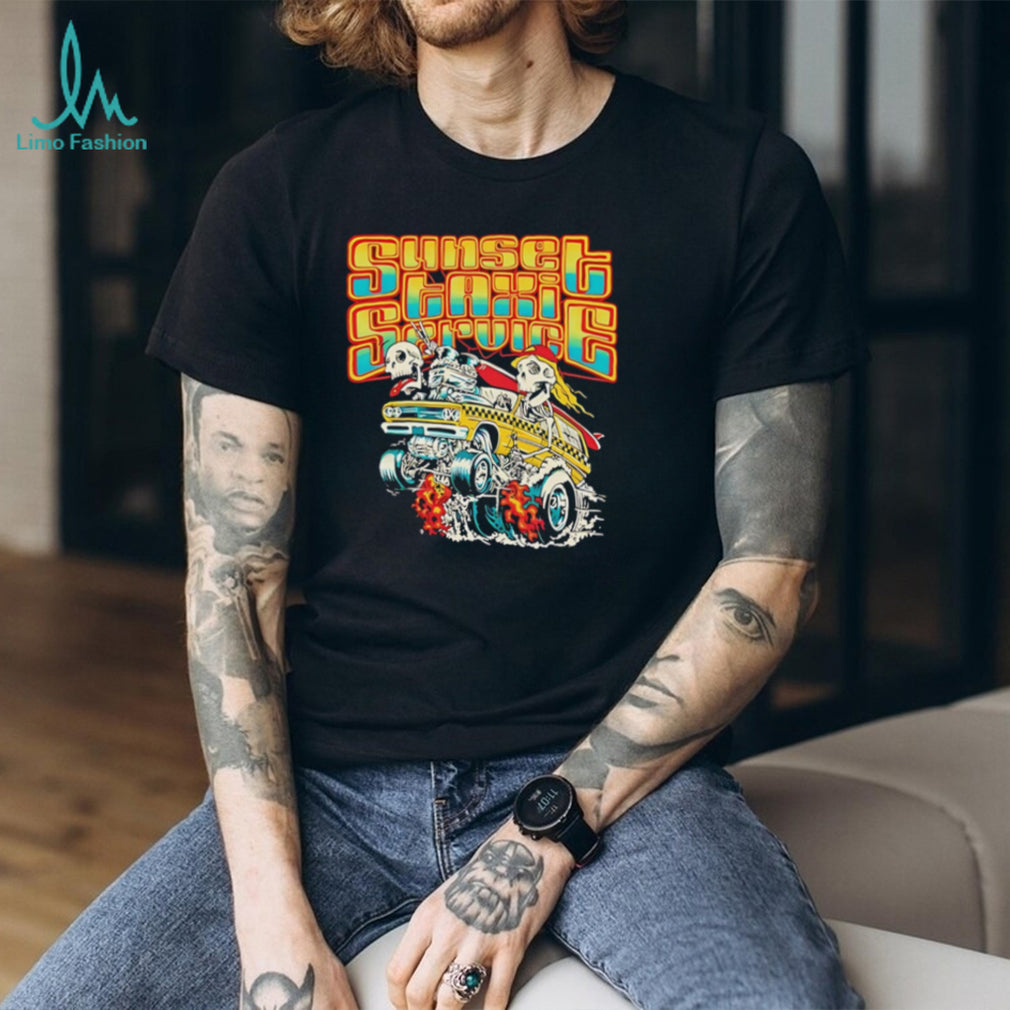 Sunset Taxi Service Retro Skeleton Surf Van Graphic T Shirt