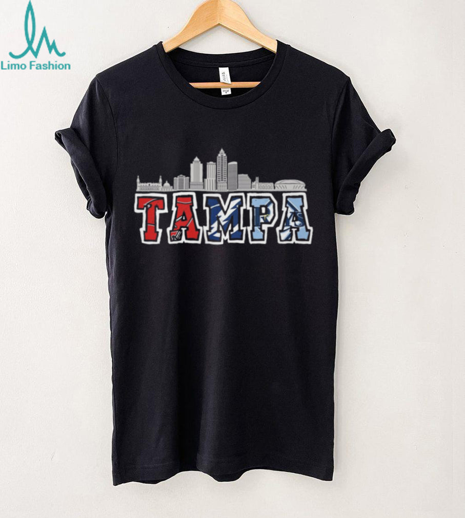 Tampa Bay Skyline Sports Logo Mashup T Shirt Red Blue Light Blue Team Pride