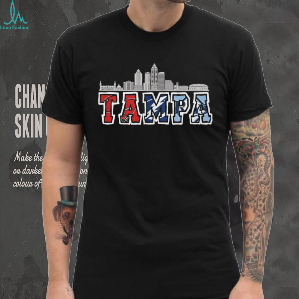 Tampa Bay Skyline Sports Logo Mashup T Shirt Red Blue Light Blue Team Pride
