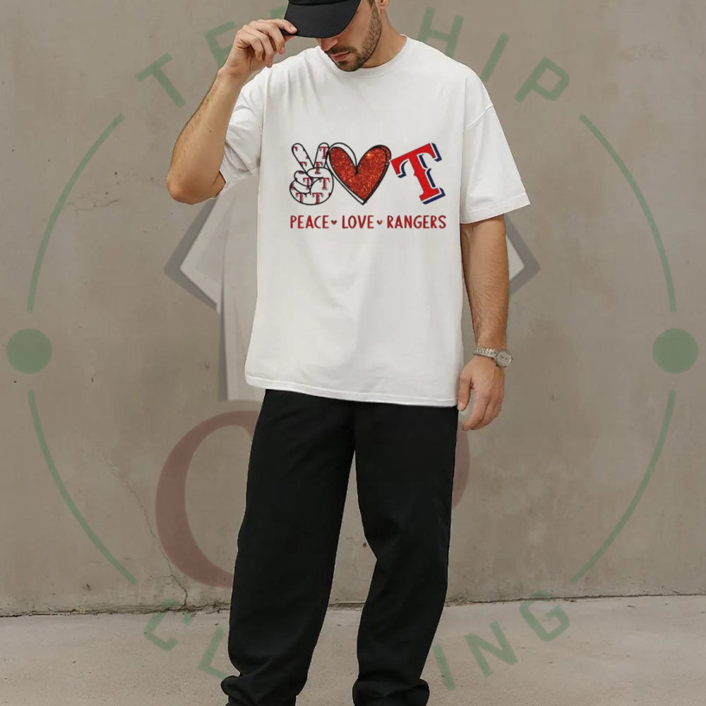Texas Rangers Peace Love Rangers Baseball Red Glitter Logo T Shirt