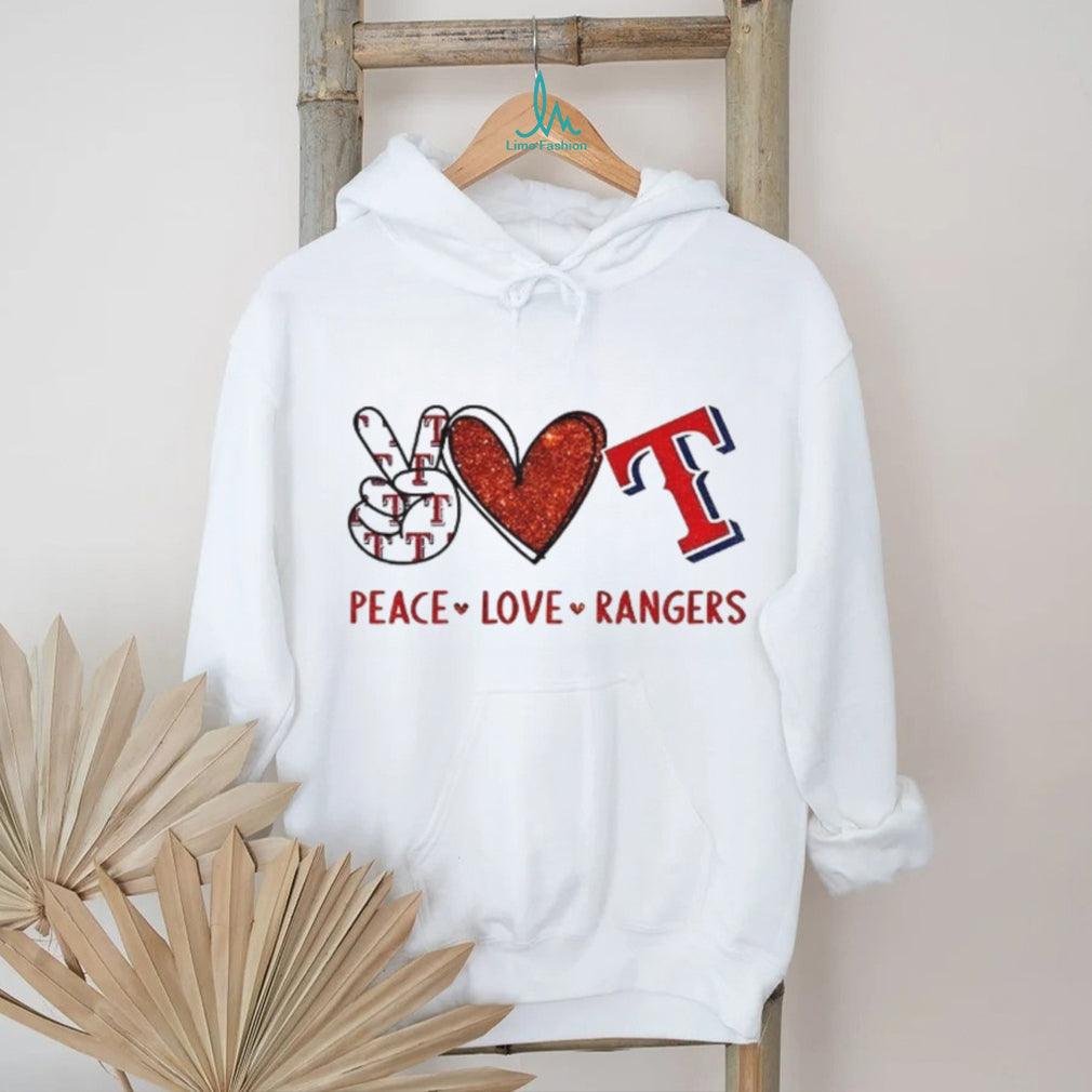 Texas Rangers Peace Love Rangers Baseball Red Glitter Logo T Shirt