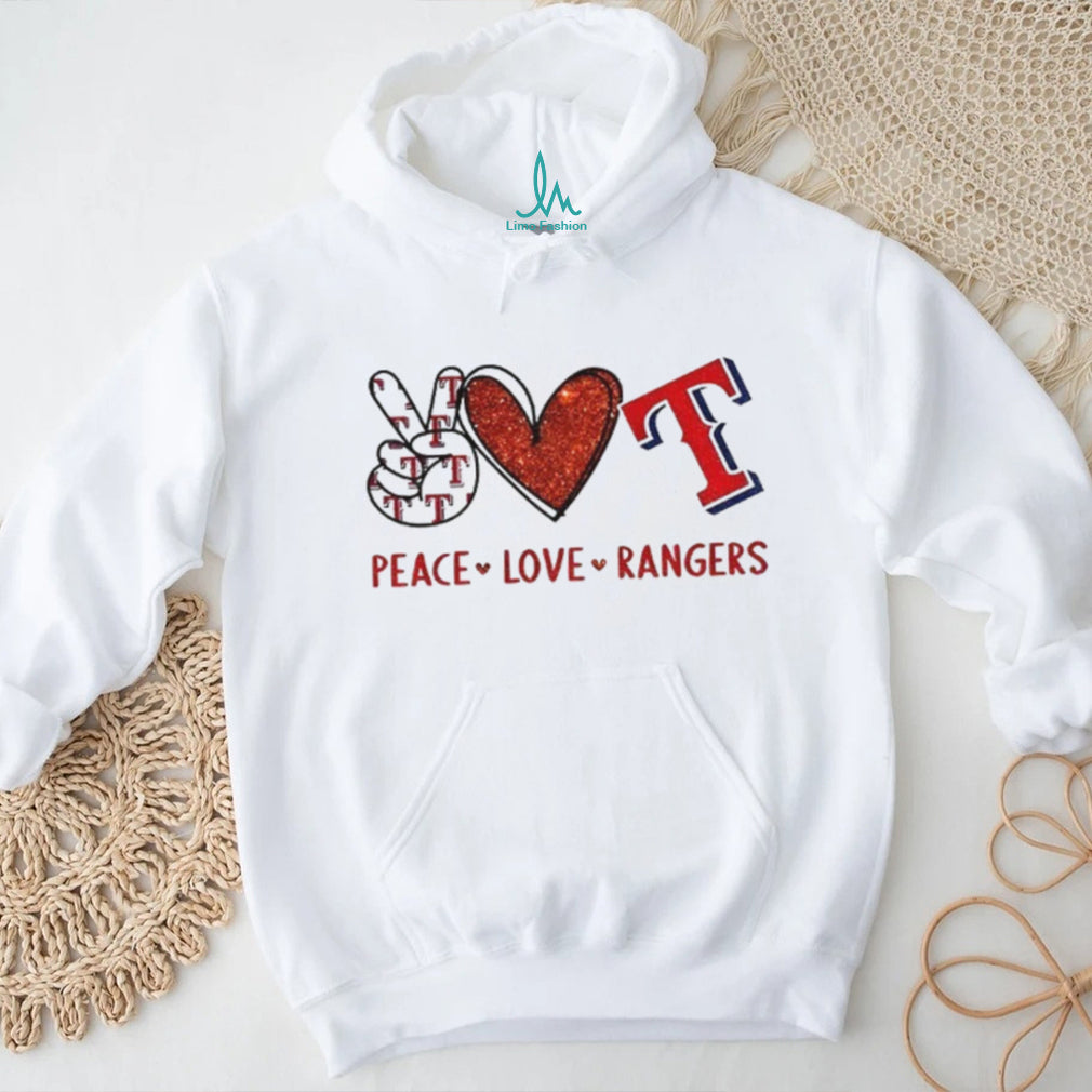 Texas Rangers Peace Love Rangers Baseball Red Glitter Logo T Shirt