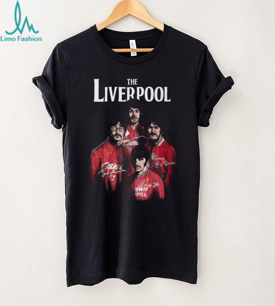 The Liverpool Beatles Football Style Red Jersey Graphic Signatures T Shirt