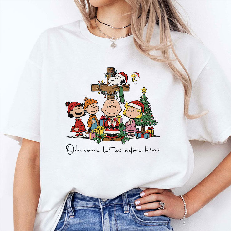 The Peanuts Christmas Christian Oh Come Let Us Adore Him T Shirt