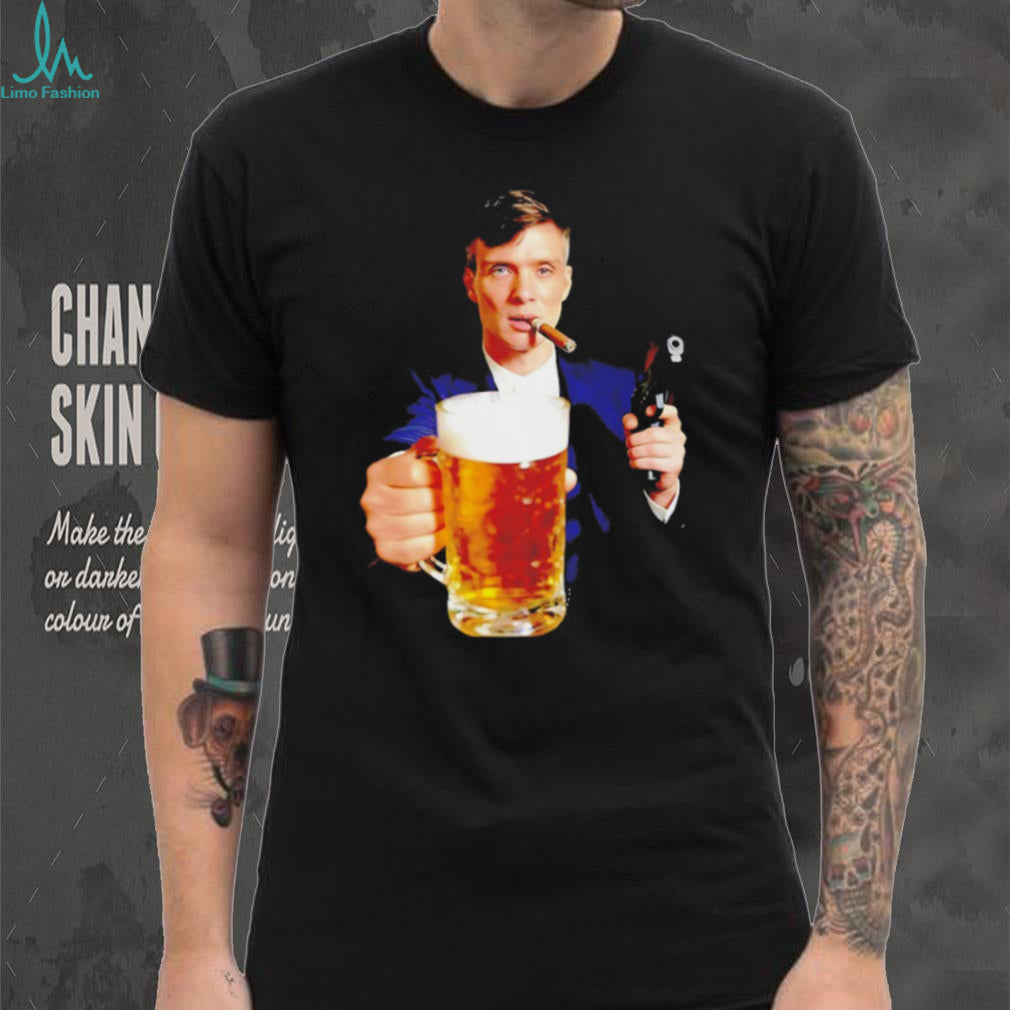 Tommy Shelby Drinking Beer Holding Gun Peaky Blinders T Shirt