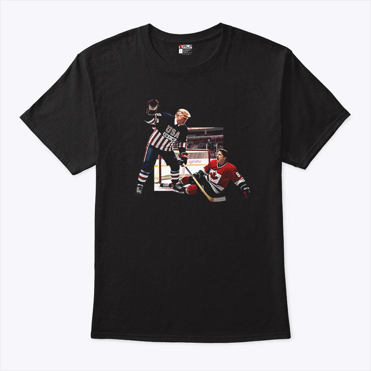 Trump Defeating Justin Trudeau Funny Hockey Shirt