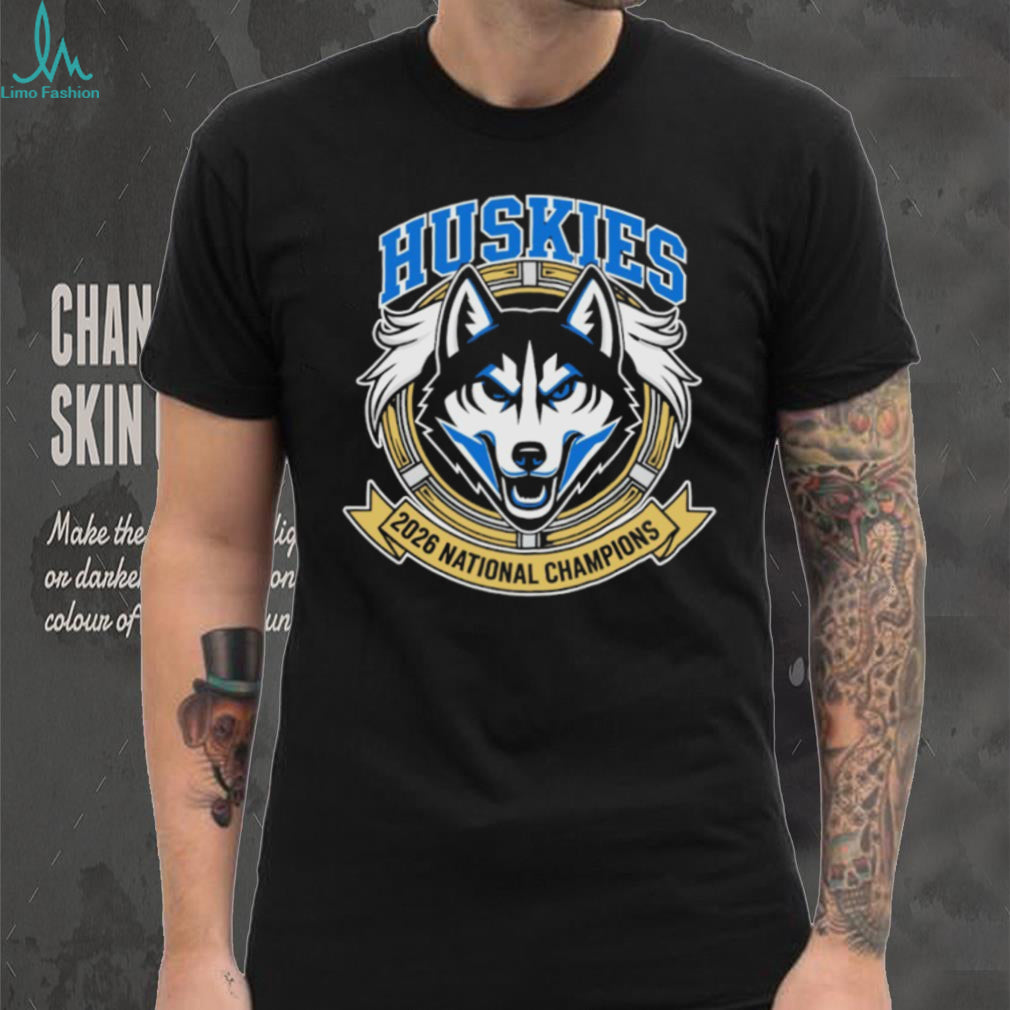 UConn Huskies 2026 National Champions Gold Ribbon Mascot Black T Shirt