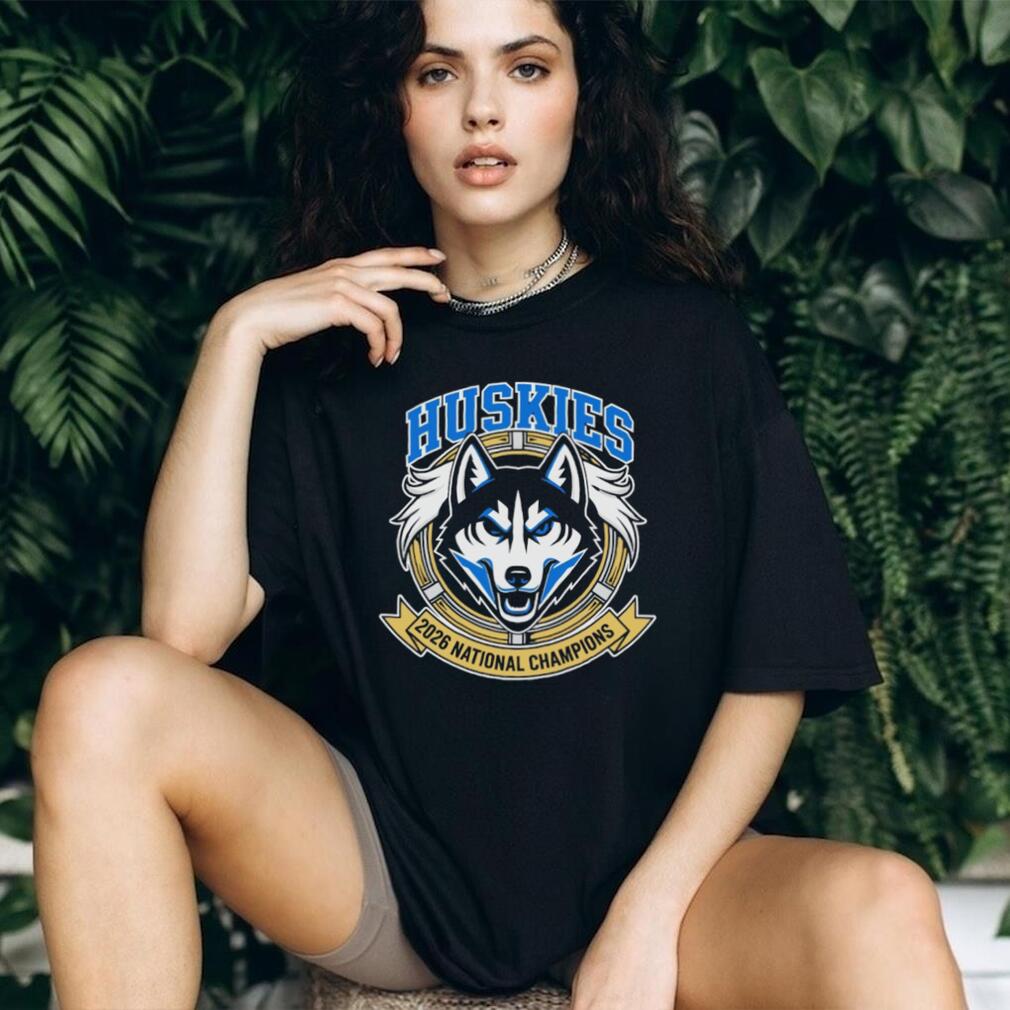 UConn Huskies 2026 National Champions Gold Ribbon Mascot Black T Shirt