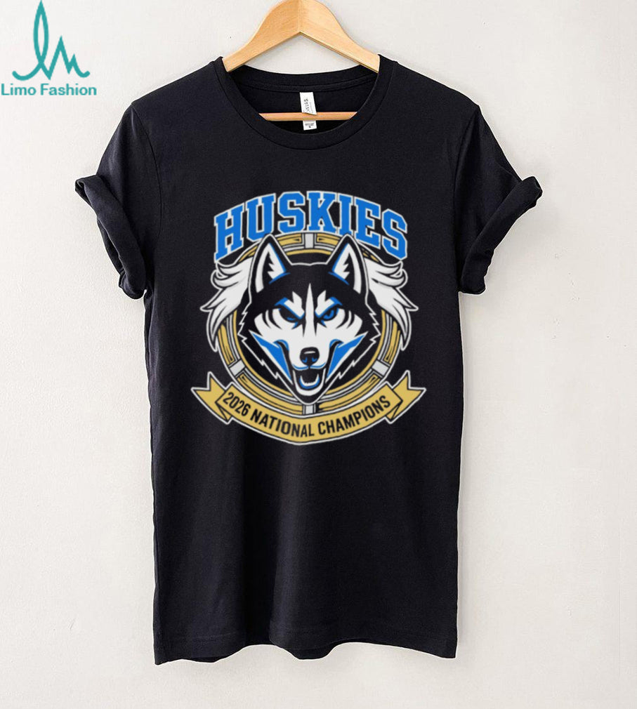 UConn Huskies 2026 National Champions Gold Ribbon Mascot Black T Shirt