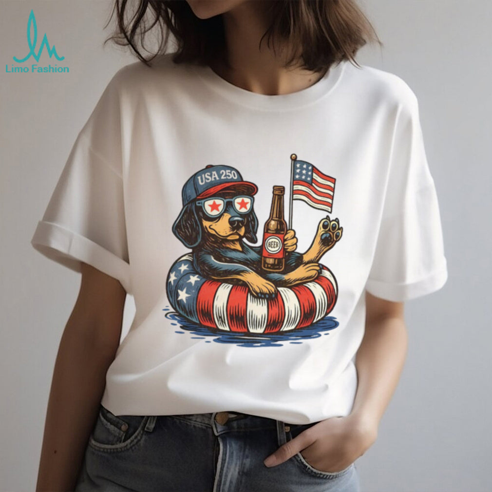 USA 250 Patriotic Dog Floating with Beer American Flag Sunglasses T Shirt