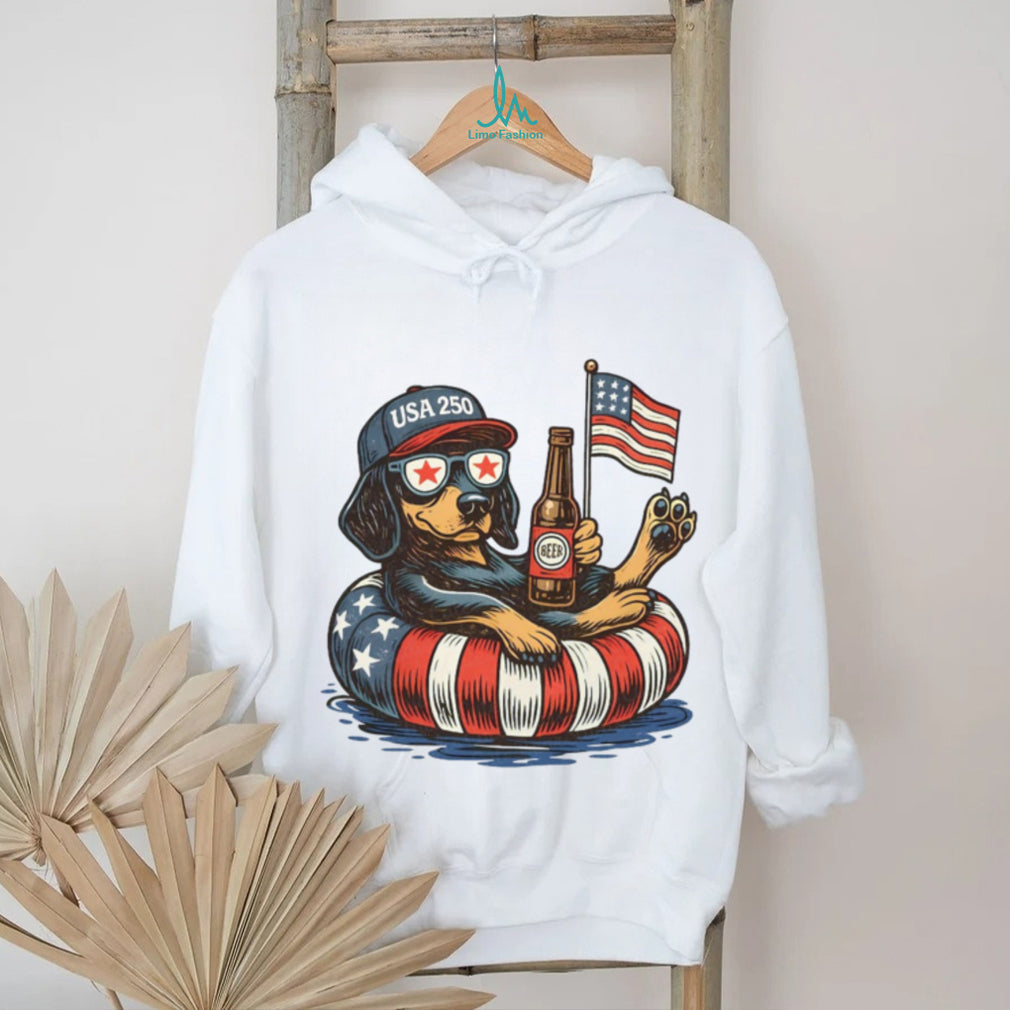 USA 250 Patriotic Dog Floating with Beer American Flag Sunglasses T Shirt