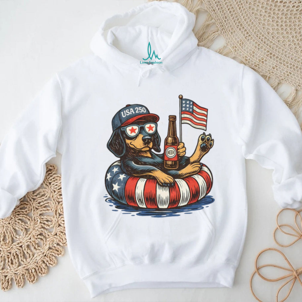 USA 250 Patriotic Dog Floating with Beer American Flag Sunglasses T Shirt
