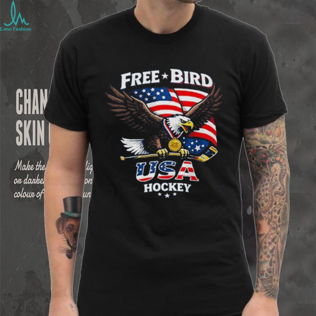 USA Hockey Free Bird American Flag Bald Eagle Gold Medal T Shirt