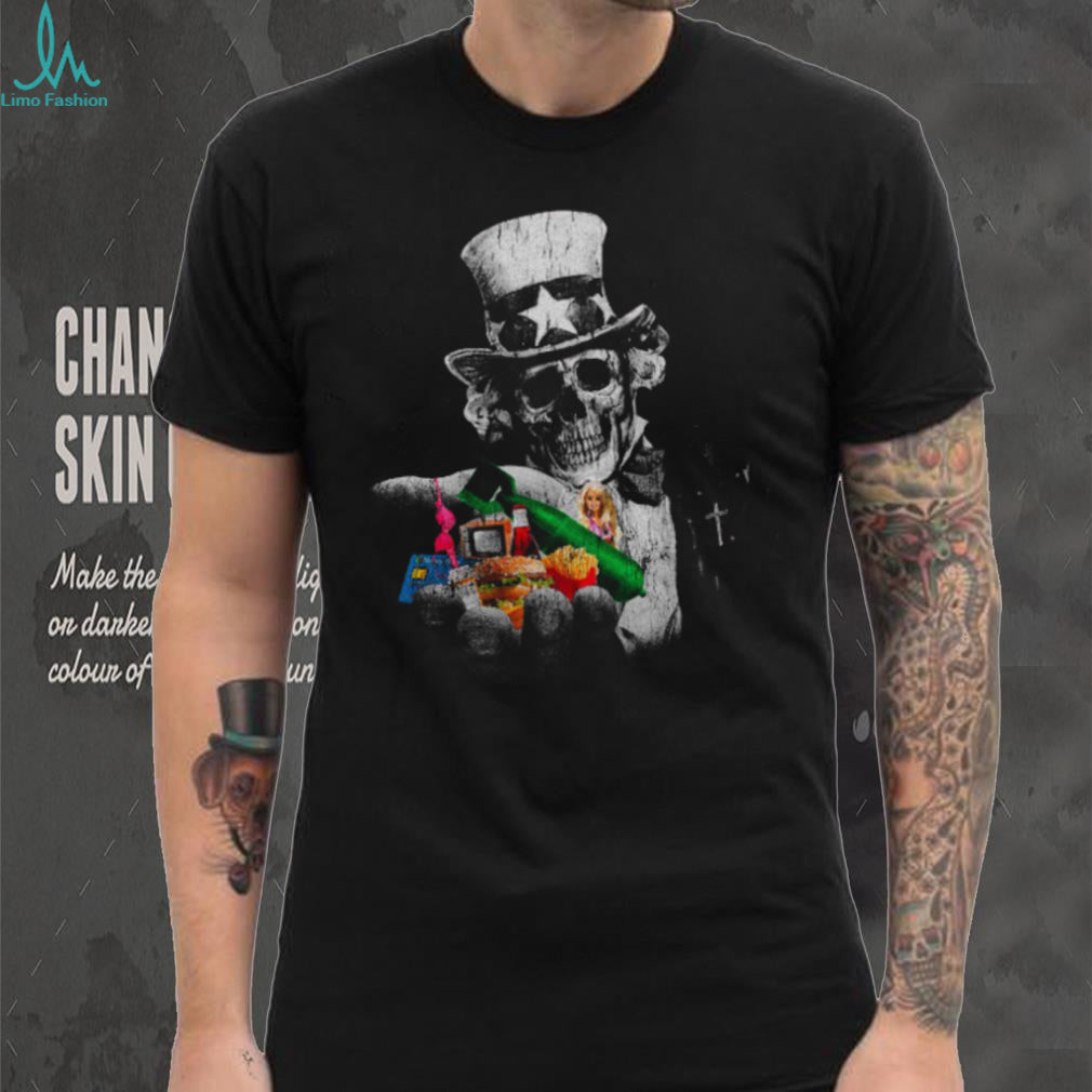 Uncle Sam Skeleton Satire Graphic T Shirt Anti Consumerism Art