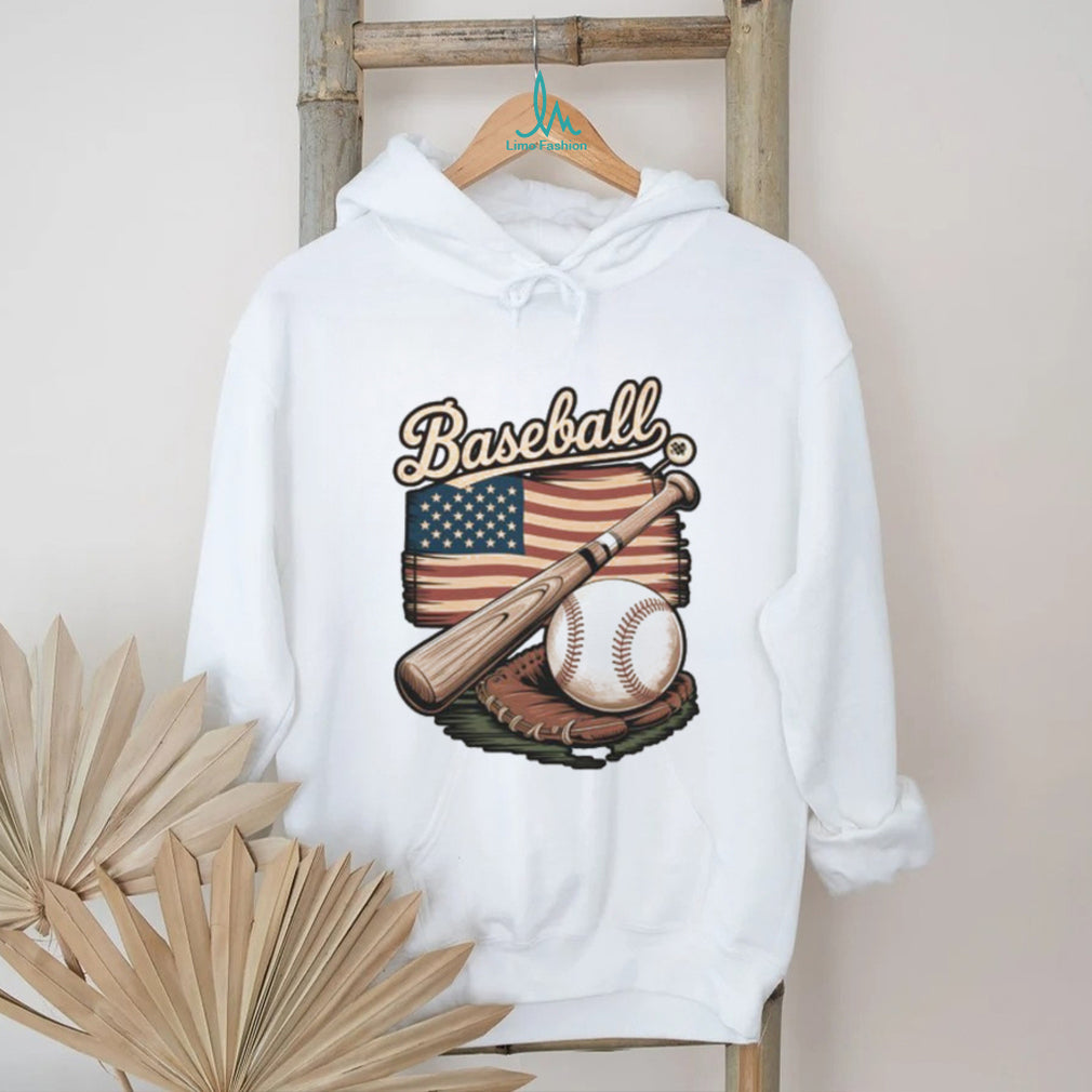 Vintage American Flag Baseball Glove and Bat Sports Graphic T Shirt