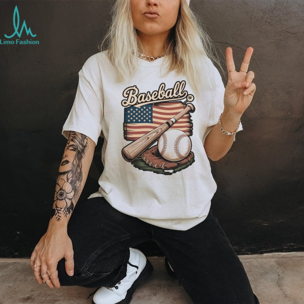 Vintage American Flag Baseball Glove and Bat Sports Graphic T Shirt