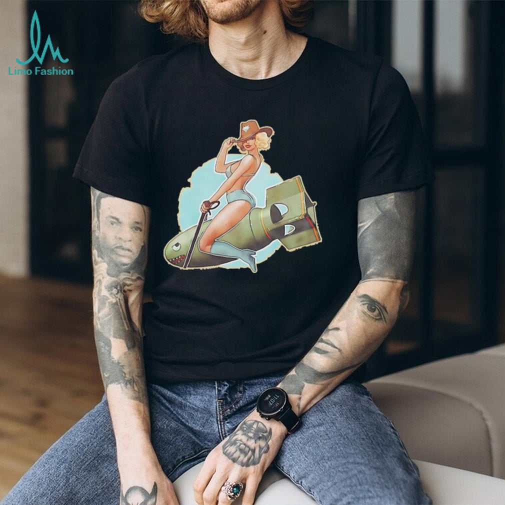 Vintage Pinup Girl Riding Bomb Nose Art Illustration T Shirt