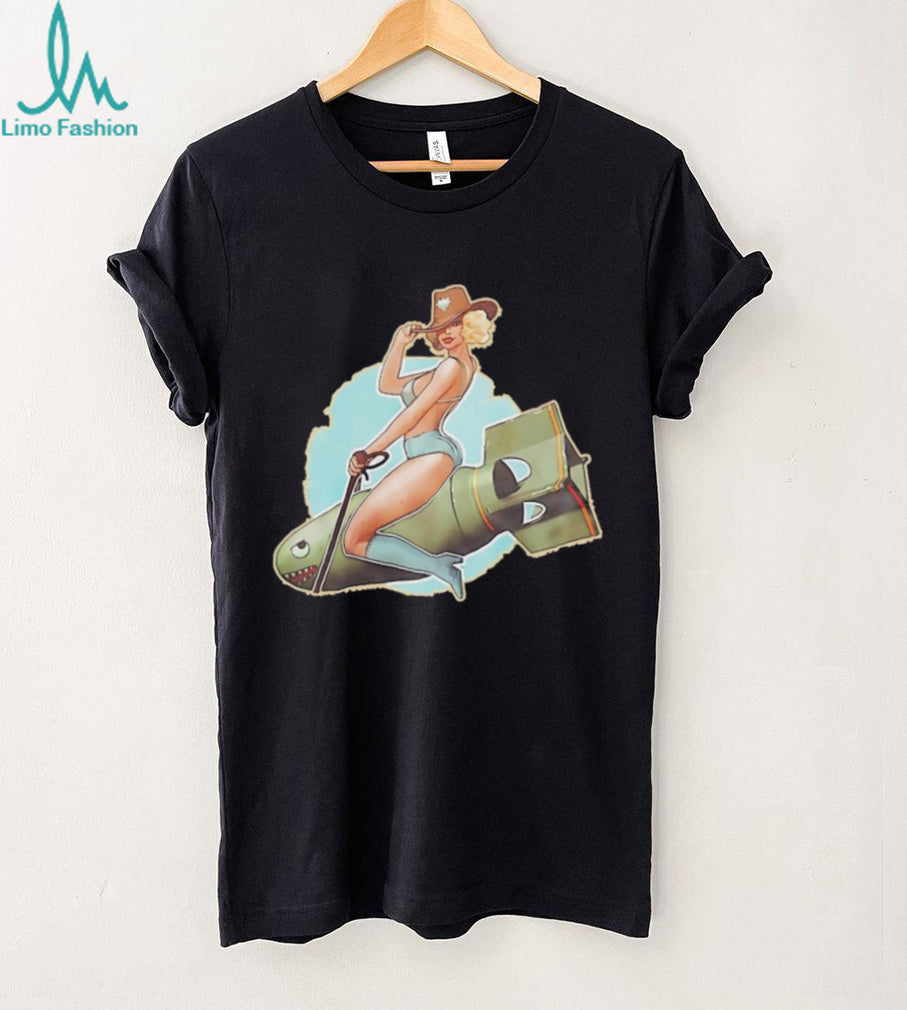 Vintage Pinup Girl Riding Bomb Nose Art Illustration T Shirt