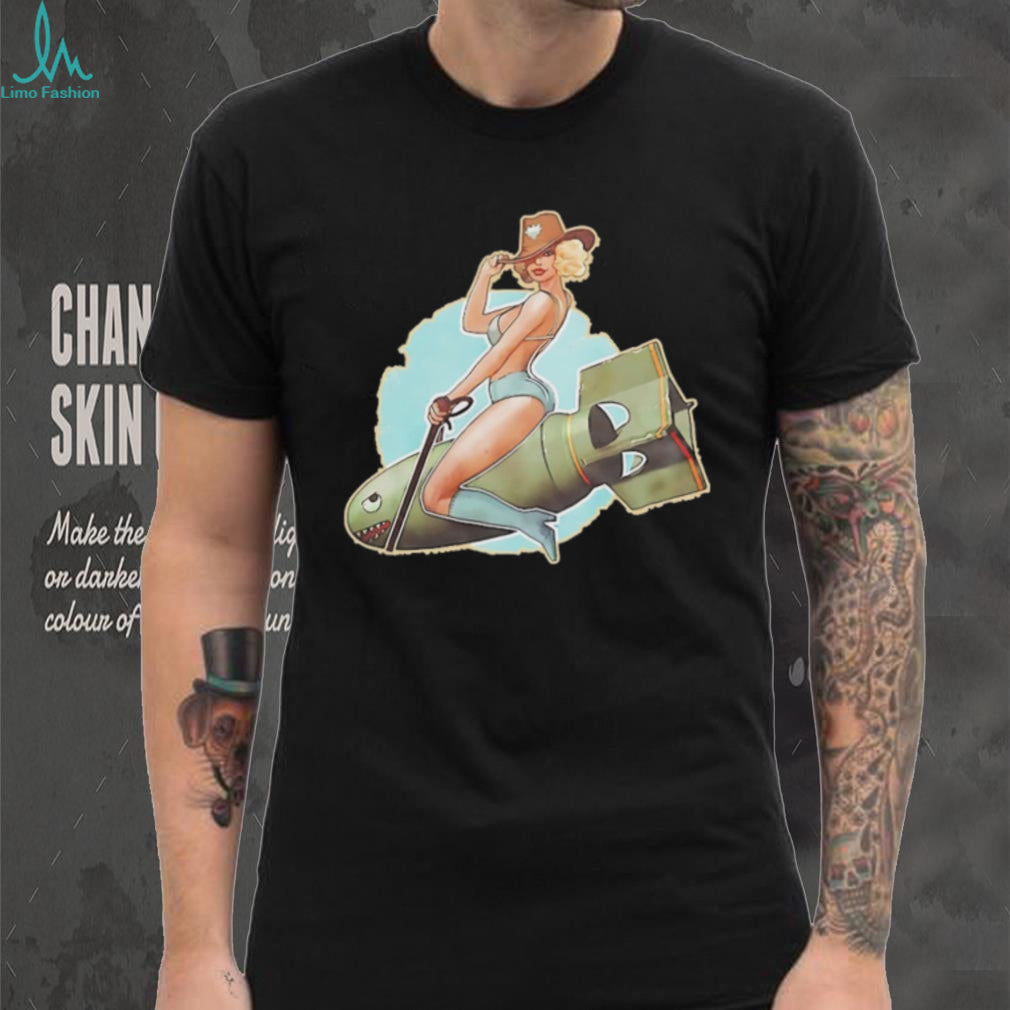 Vintage Pinup Girl Riding Bomb Nose Art Illustration T Shirt