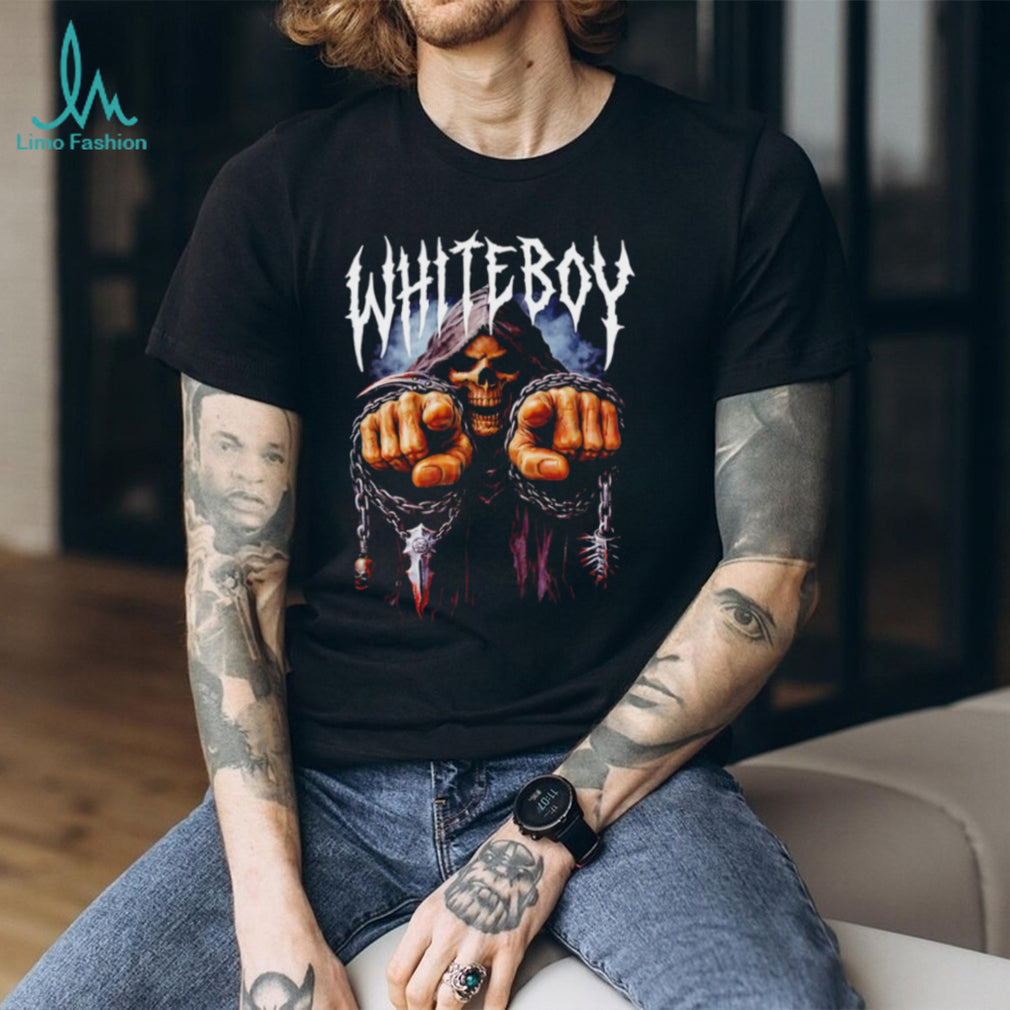 Whiteboy Grim Reaper Skeleton in Chains Metal Font Gothic Graphic T Shirt