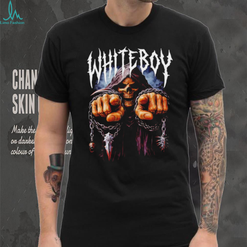Whiteboy Grim Reaper Skeleton in Chains Metal Font Gothic Graphic T Shirt