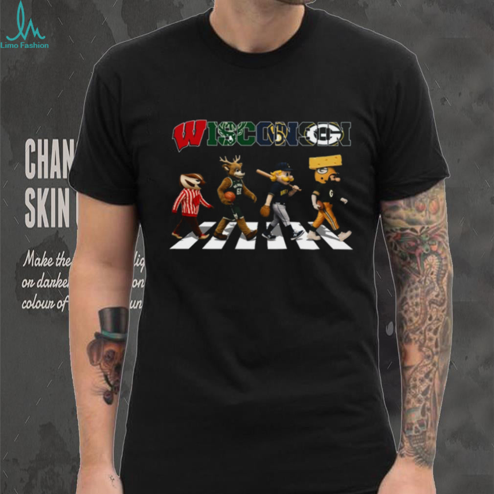 Wisconsin Sports Mascots Abbey Road Badgers Bucks Brewers Packers T Shirt