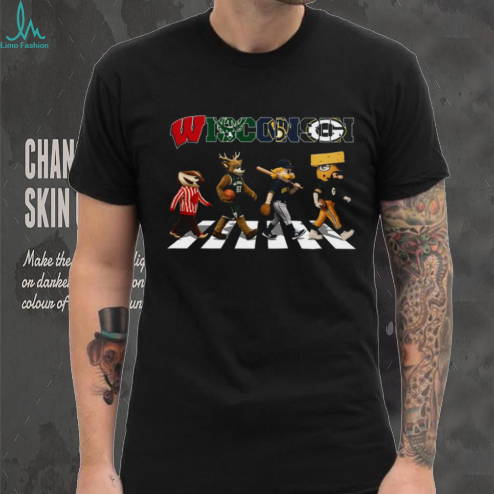 Wisconsin Sports Mascots Abbey Road Crossing Multi Team Fan T Shirt