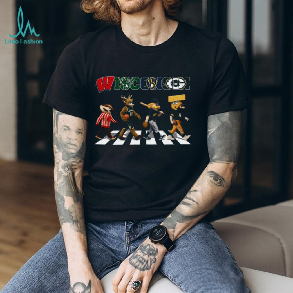 Wisconsin Sports Mascots Abbey Road Crossing Multi Team Fan T Shirt