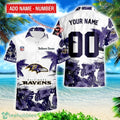 Baltimore Ravens Hibiscus Flower Hawaii Shirt and Shorts Summer Beach Shirt Custom Name And Number
