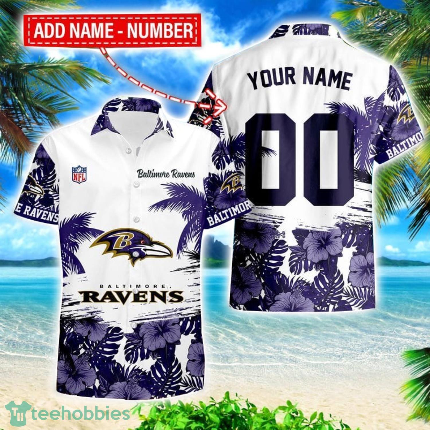 Baltimore Ravens Hibiscus Flower Hawaii Shirt and Shorts Summer Beach Shirt Custom Name And Number