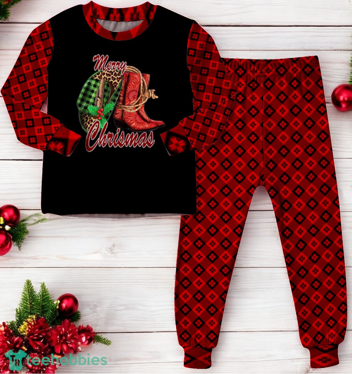 Buffalo Plaid Howdy Hat Cowboy Boots Merry Christmas Cowgirl Family Matching Pajama Set