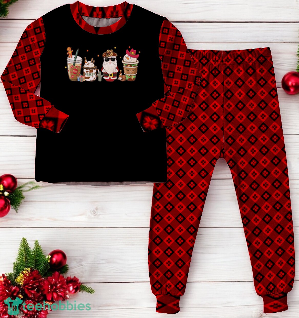 Christmas Coffee Latte Retro Howdy Santa Family Matching Pajama Set