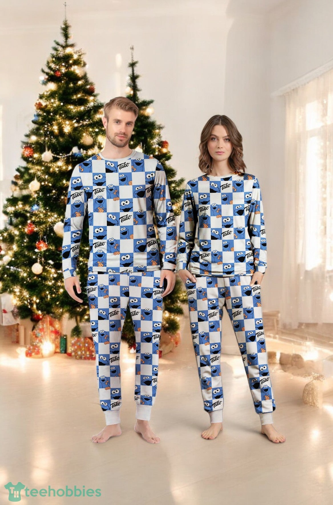 Cookie Monster Christmas Checkered Pattern Family Matching Pajama Set